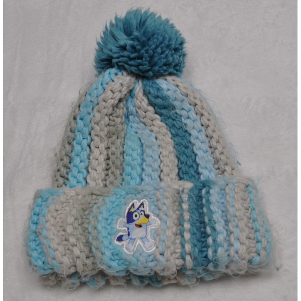 Bluey Hat Cap Knit Pom Beanie Youth Small Blue Gray‎ White Striped Winter Soft